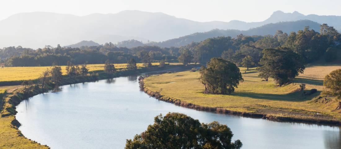 Scenic views of the Tweed River running through the Murwillumbah countryside.