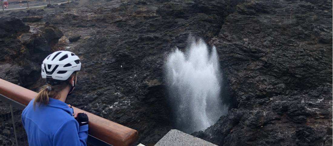 Cyclist viewing the Kiama Blowhole on the south coast cycle |  <i>Kate Baker</i>