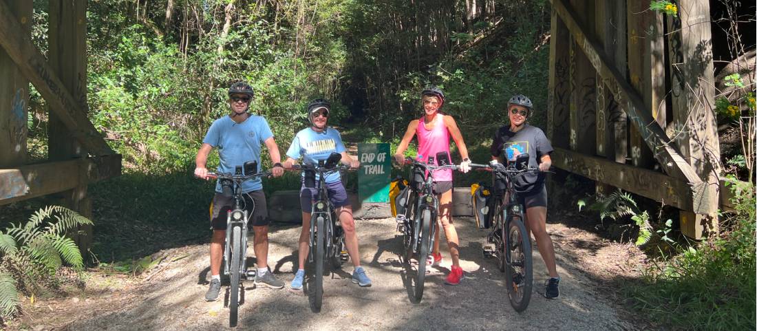 Cyclists at the end of the first stage of the Rail trail at Crabbes Creek |  <i>Kate Baker</i>