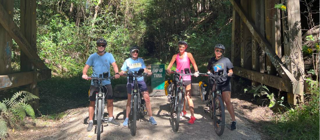 Cyclists at the end of the first stage of the Rail trail at Crabbes Creek |  <i>Kate Baker</i>