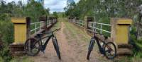 Bikes posed along the gravel rail trail.