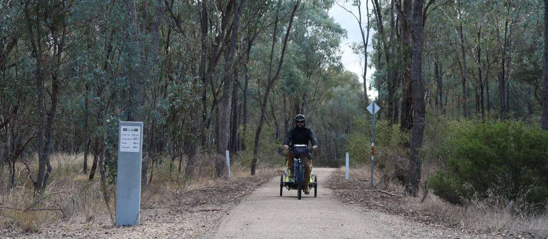 Cycle on dedicated cycle paths on the Murray to Mountains Rail Trail |  <i>Erin Williams</i>