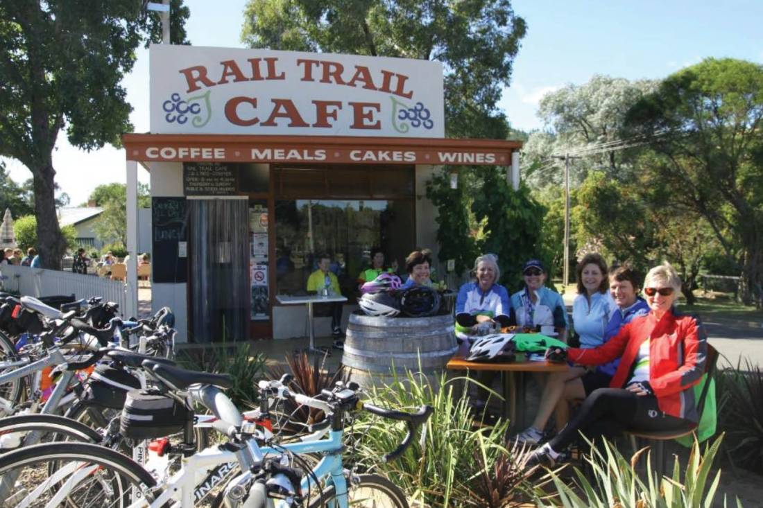 Enjoying coffee t the Rail Trail Cafe on the Murray to Mountains Rail Trail